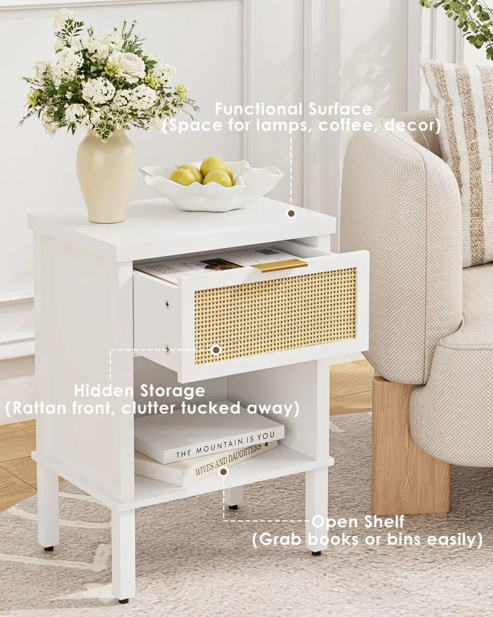 Rattan Bedside Table Wooden Side Boho Nightstand - Image 3