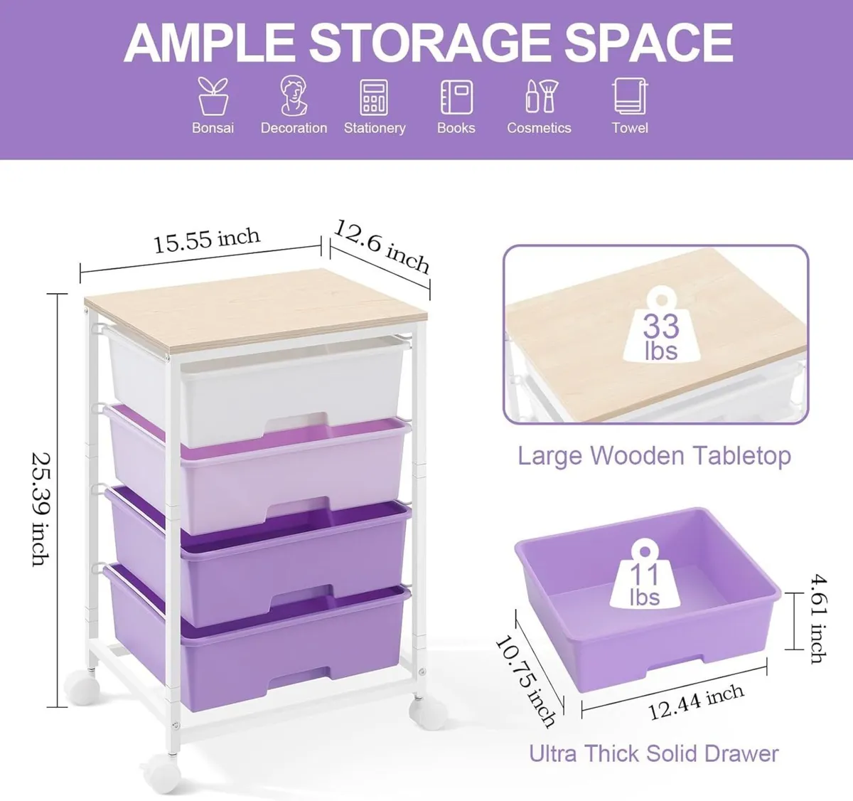 Storage Trolley with 4 Drawers Rolling Cart on - Image 3
