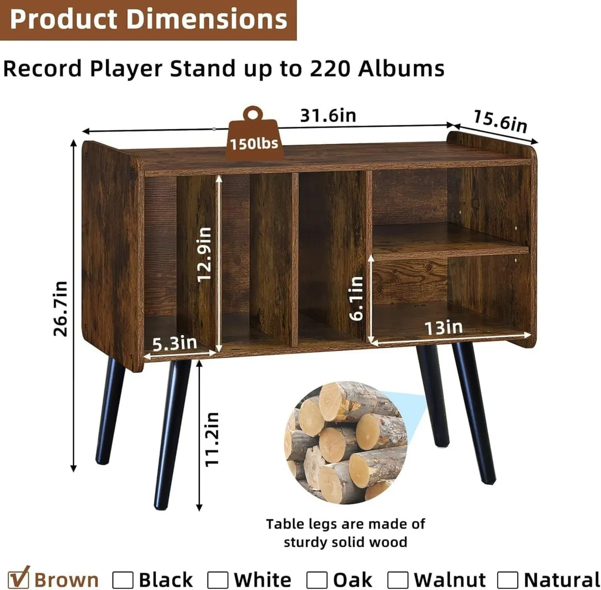 Record Player Stand with Vinyl Storage Mid-Century - Image 3