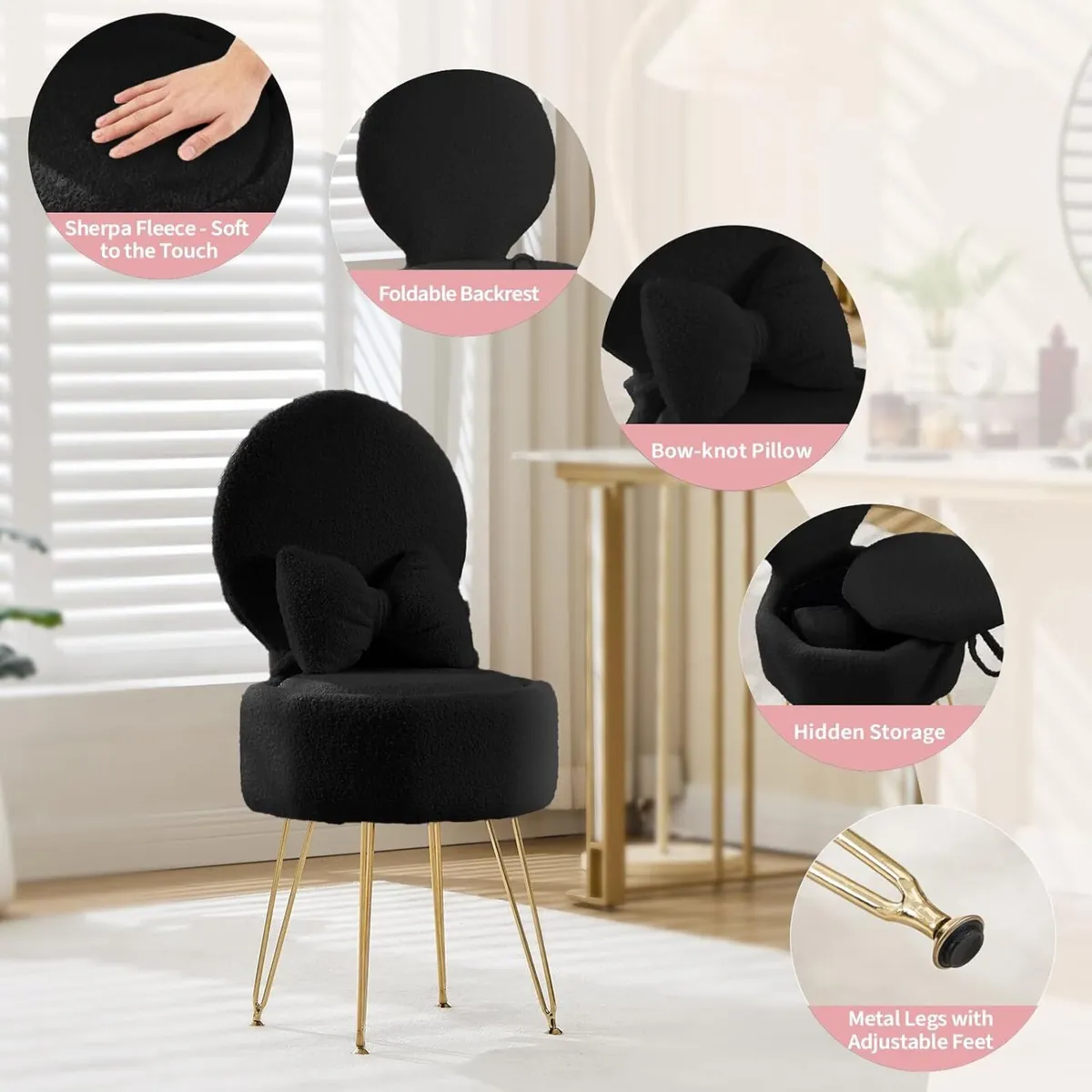 Vanity Chair with Stroage Space Metal Legs Comfy - Image 3