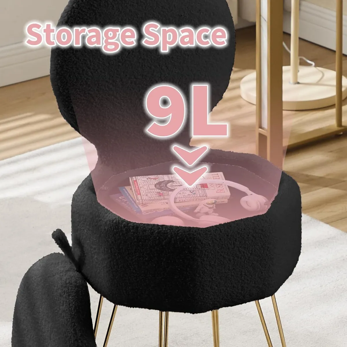 Vanity Chair with Stroage Space Metal Legs Comfy - Image 4
