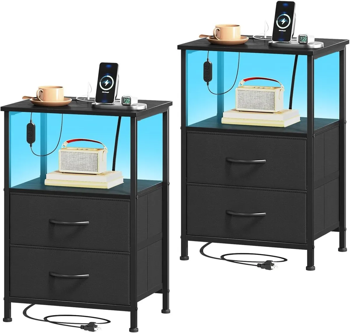 Bedside Table Set of 2 with Charging Station and - Image 1