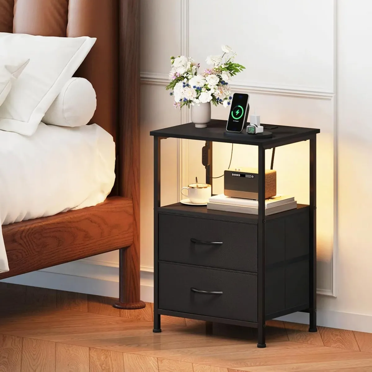 Bedside Table Set of 2 with Charging Station and - Image 2