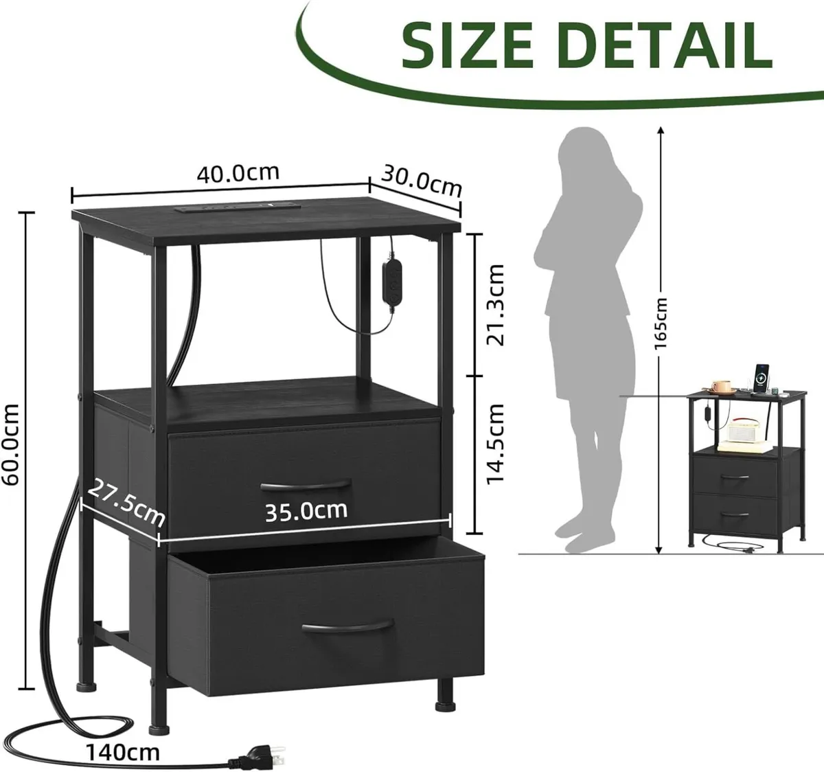 Bedside Table Set of 2 with Charging Station and - Image 3