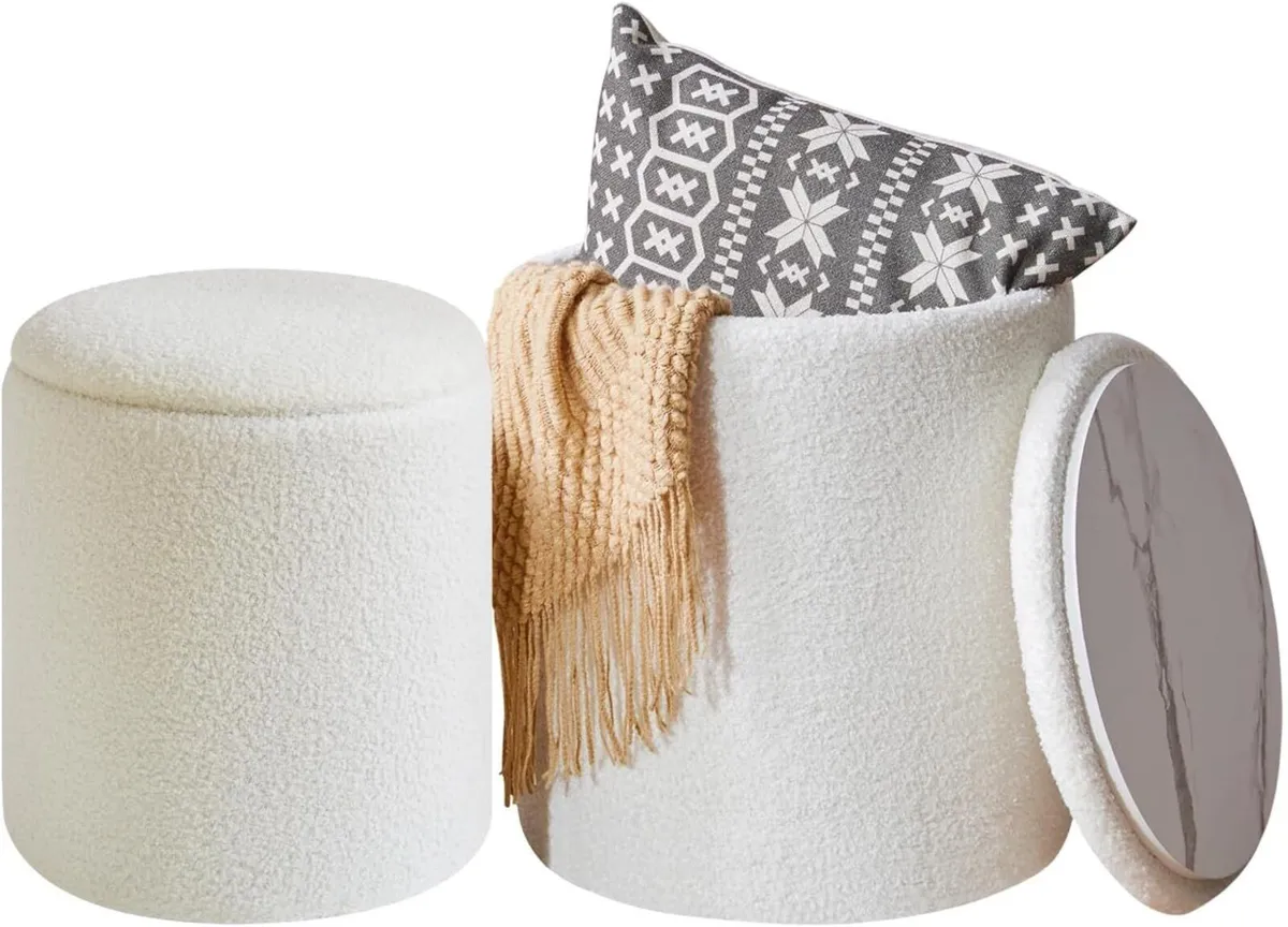 Set of 2 Round Ottoman with Storage Fleece Box - Image 1