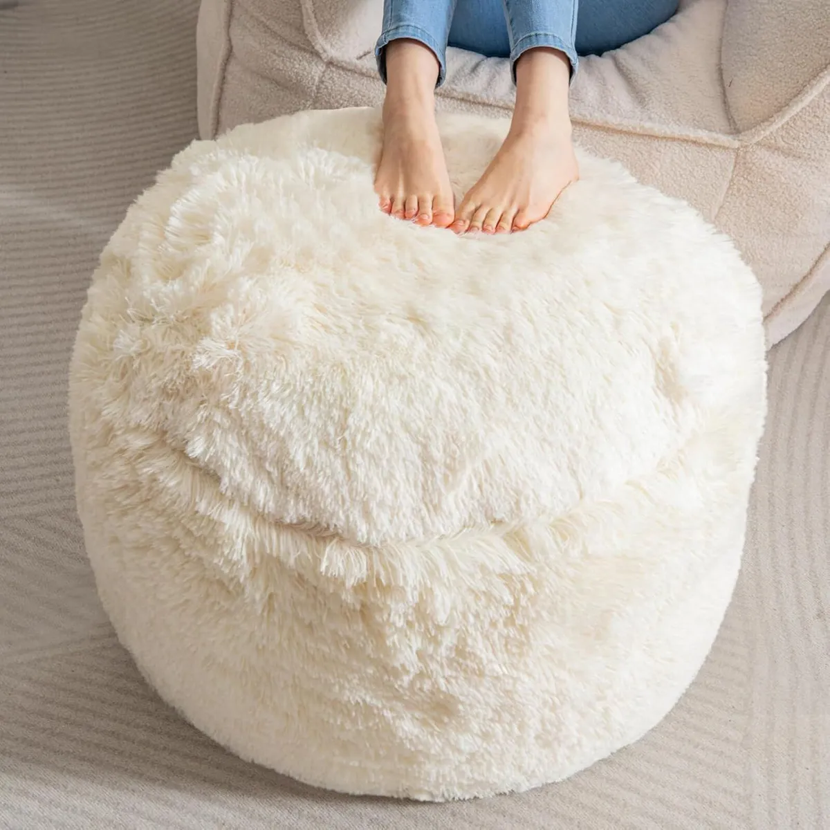 Faux Fur Beanbags Round Footstool Bean Bag Pouf - Image 1