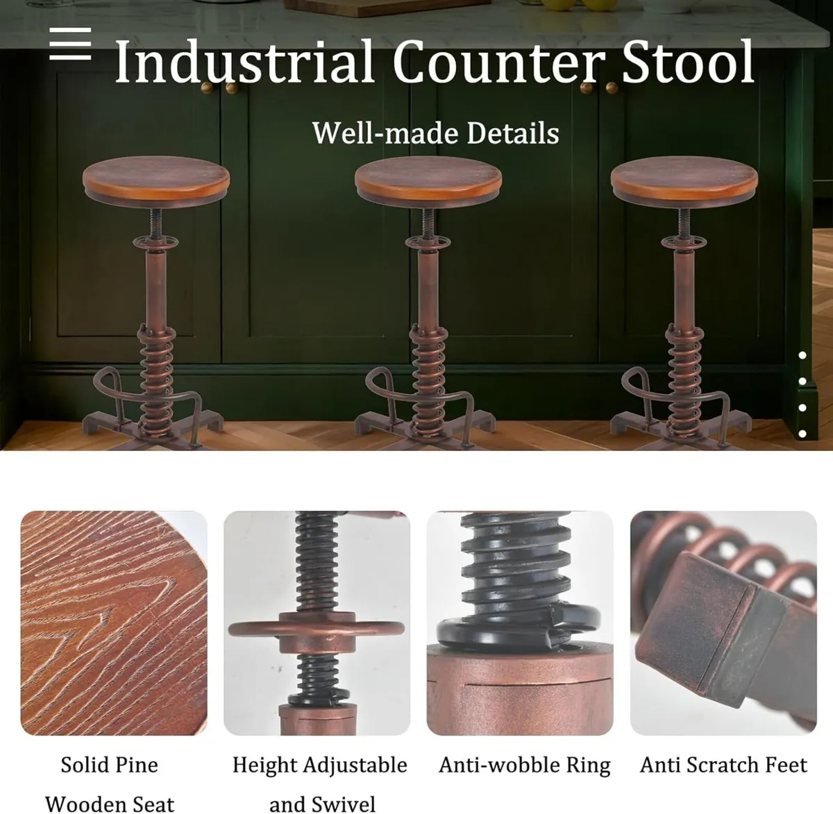 Farmhouse Bar Stool 24-28inch Height Adjustable - Image 3