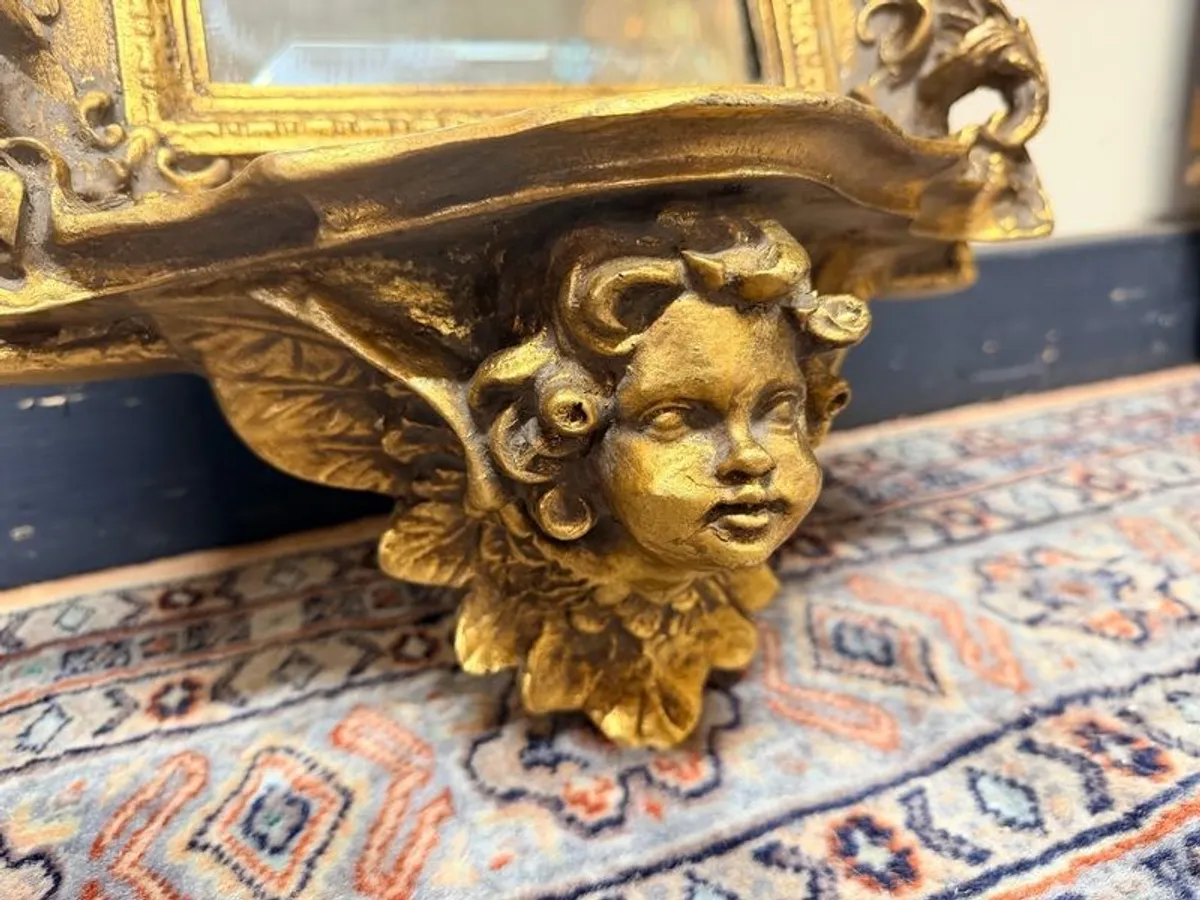 Vintage Gilded Bevelled Mirror with Cherub Shelf - Image 2