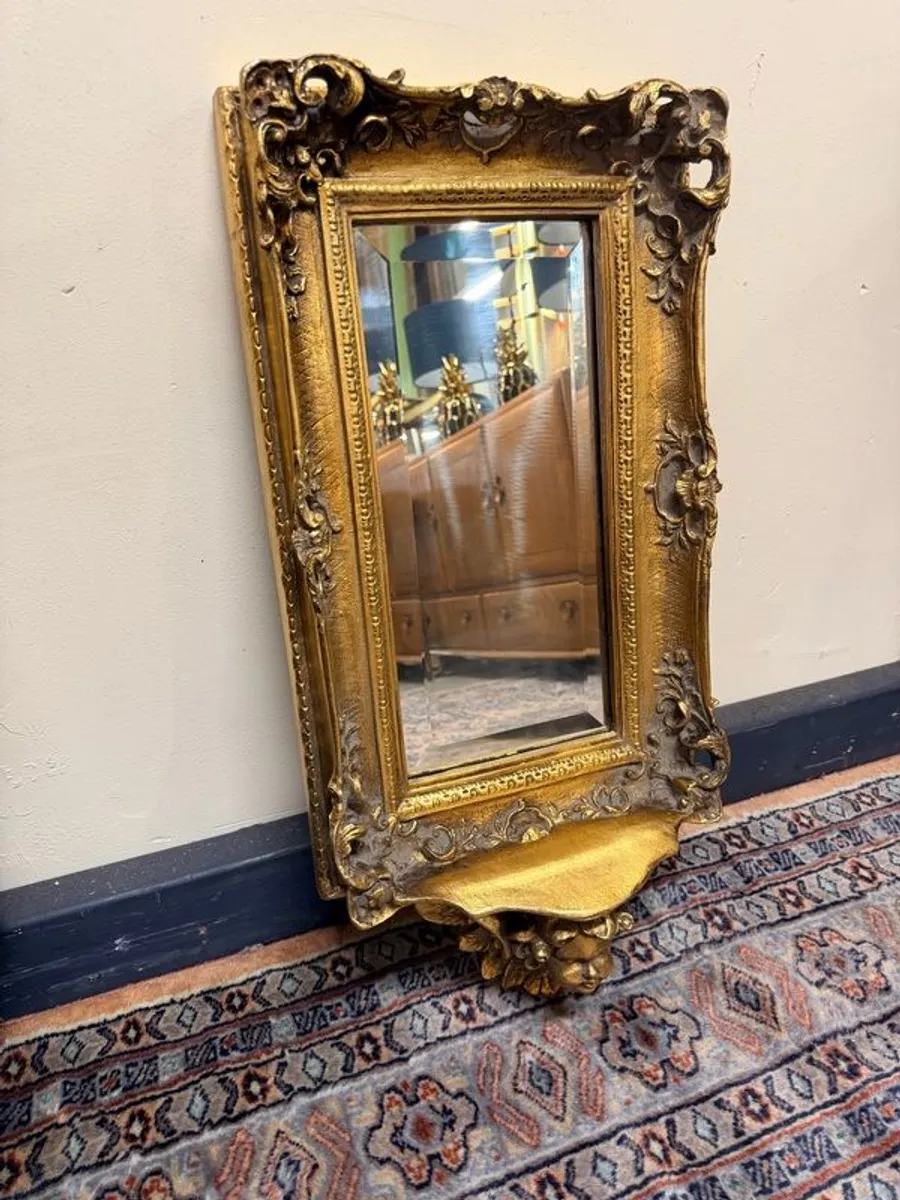 Vintage Gilded Bevelled Mirror with Cherub Shelf - Image 3