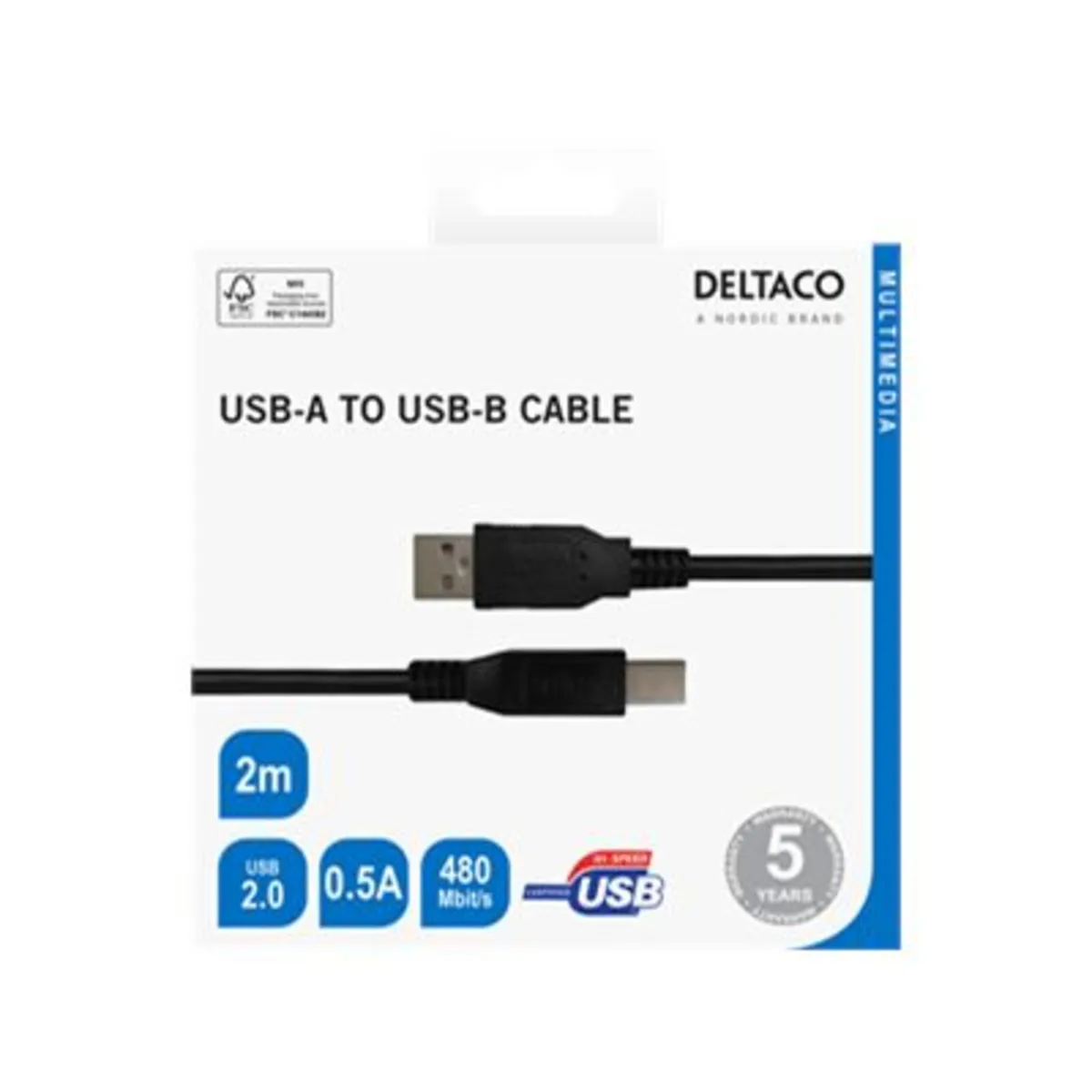 USB-A to USB-B cable, 2 m, black - Image 2
