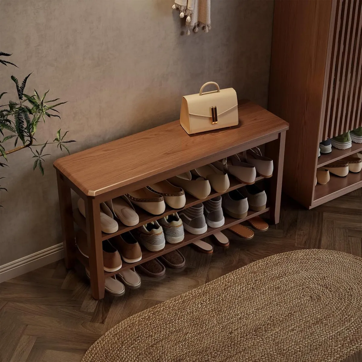 Small Shoe Bench Storage with Seat Wooden Rack - Image 1
