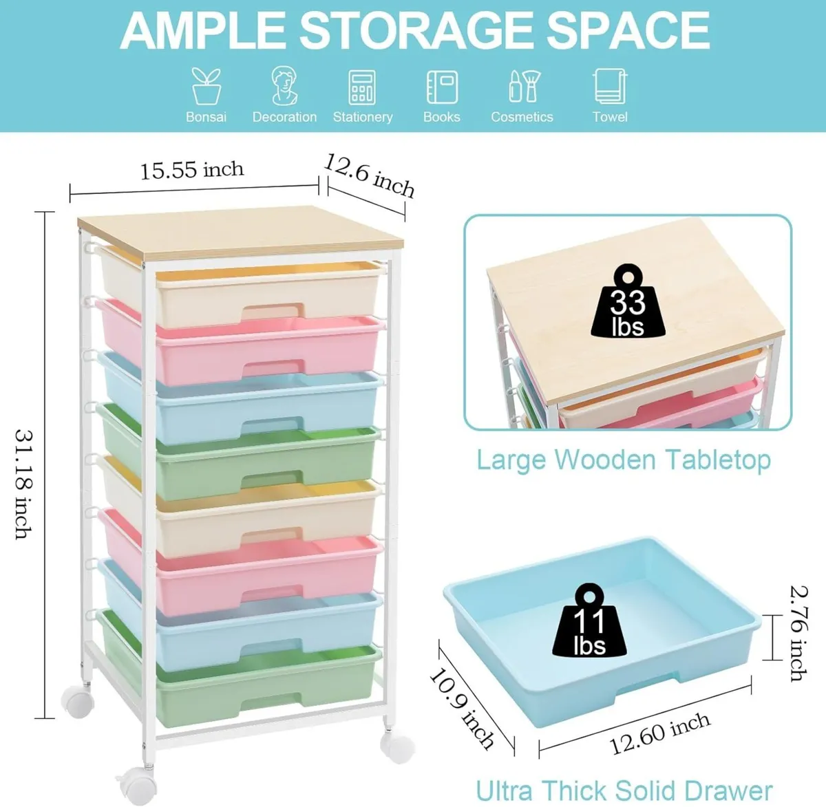 8 Drawers Rolling Storage Trolley Utility Cart on - Image 2