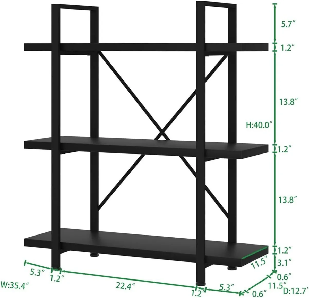 Black 3 Tier Bookcase Small Industrial Wooden - Image 2