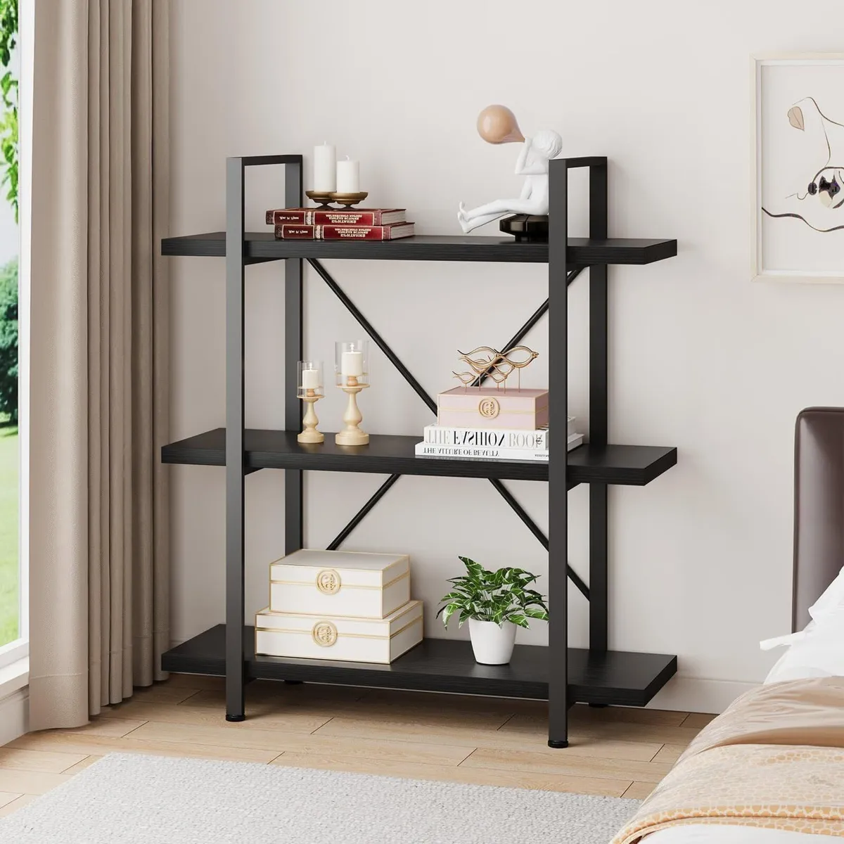 Black 3 Tier Bookcase Small Industrial Wooden - Image 3