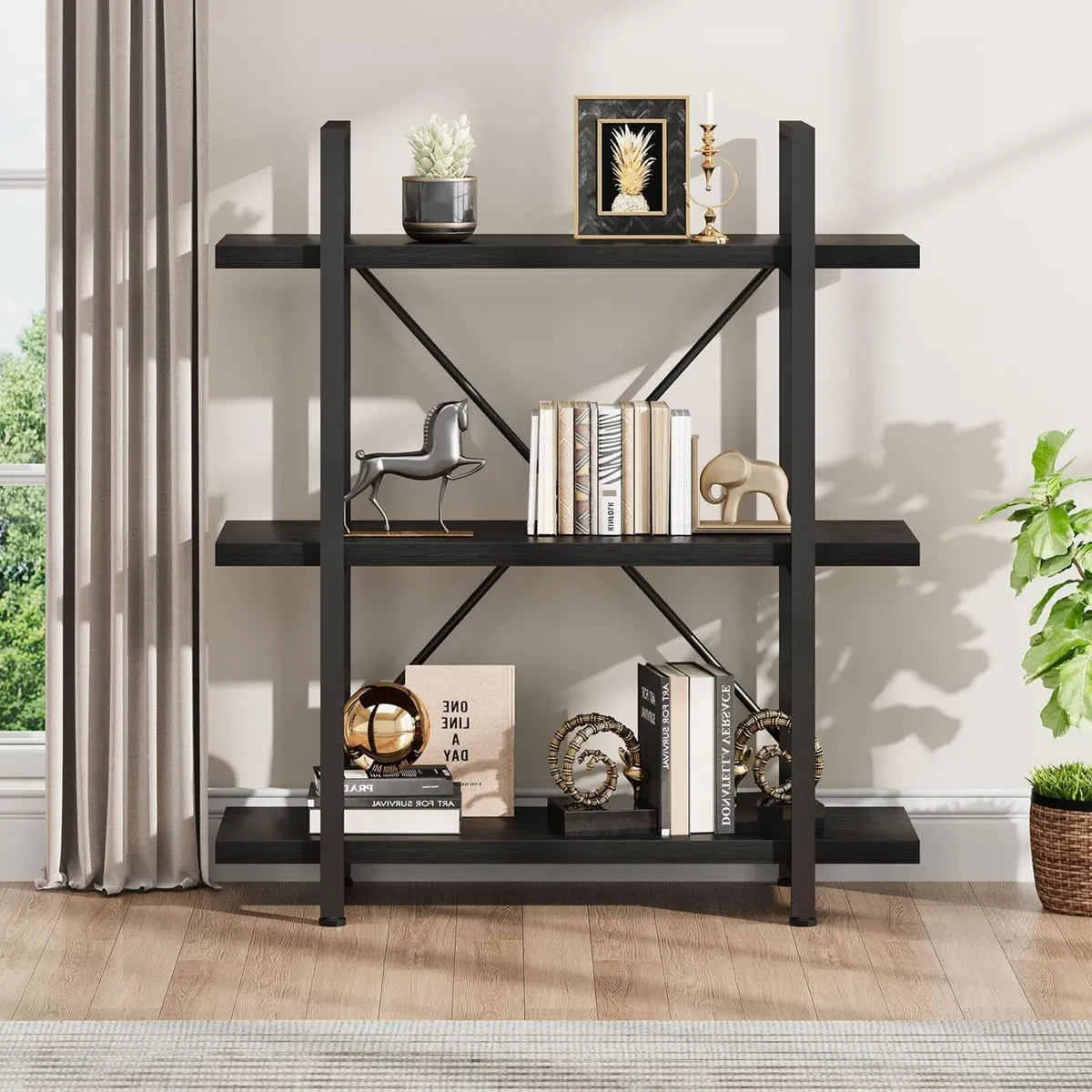 Black 3 Tier Bookcase Small Industrial Wooden - Image 4