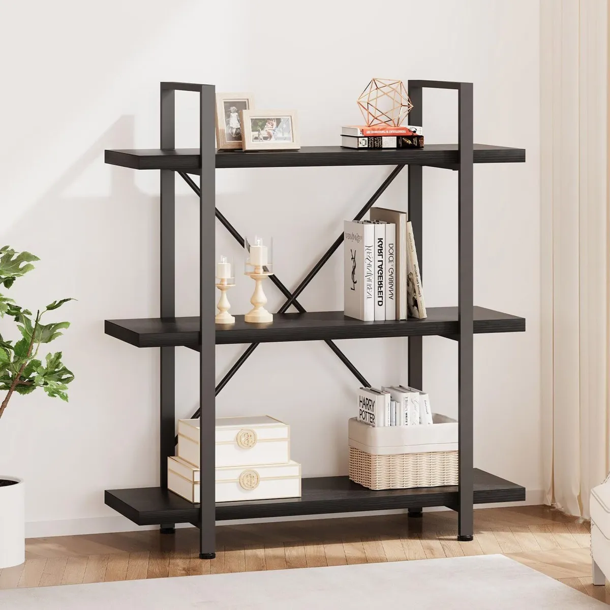 Black 3 Tier Bookcase Small Industrial Wooden - Image 1