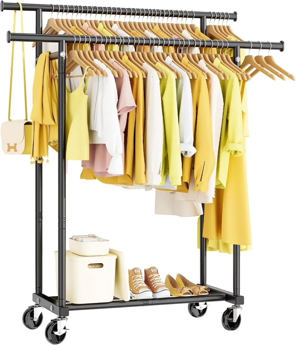 Double Rods Clothes Rack Rolling Clothing for - Image 1