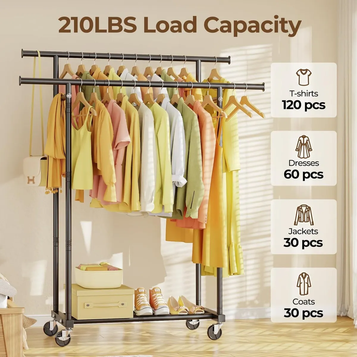 Double Rods Clothes Rack Rolling Clothing for - Image 4