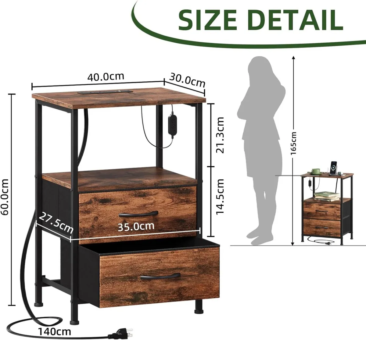 Bedside Table Set of 2 with Charging Station and - Image 3
