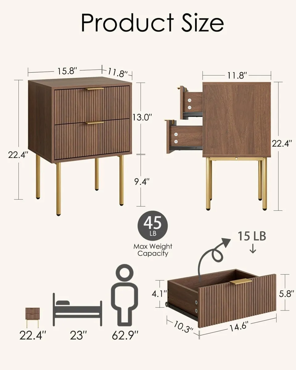 Bedside Table Small Tables with 2 Drawers Wooden - Image 2