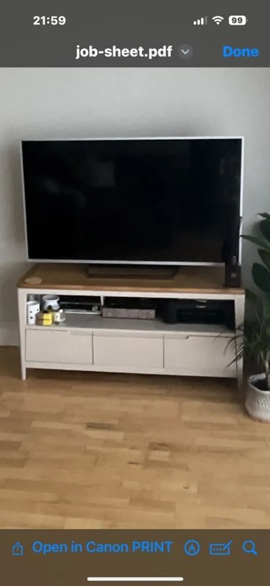 Tv 3 drawer unit ( taupe with oak top ) similar to elephants breath in farrow and ball - Image 1