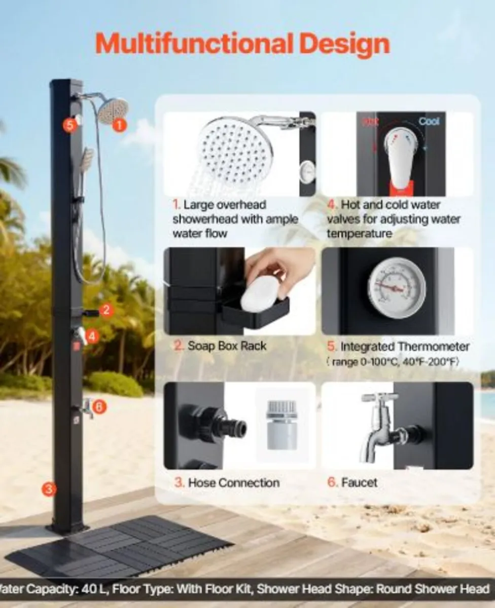 40L Solar Heated Shower, 205cm Showerhead Height - Image 2