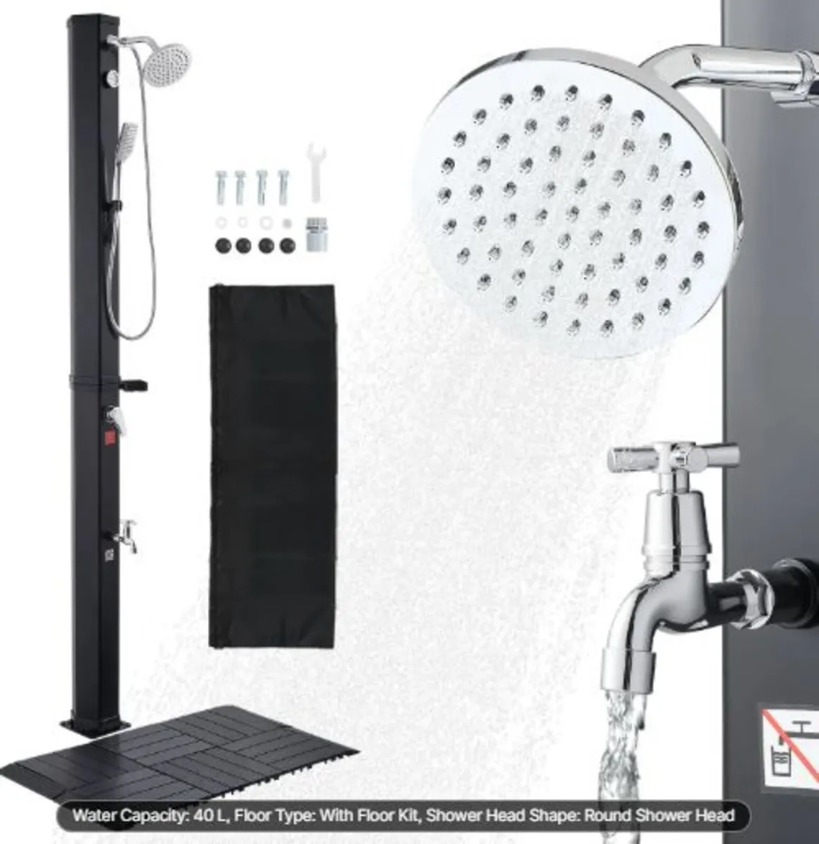 40L Solar Heated Shower, 205cm Showerhead Height - Image 1