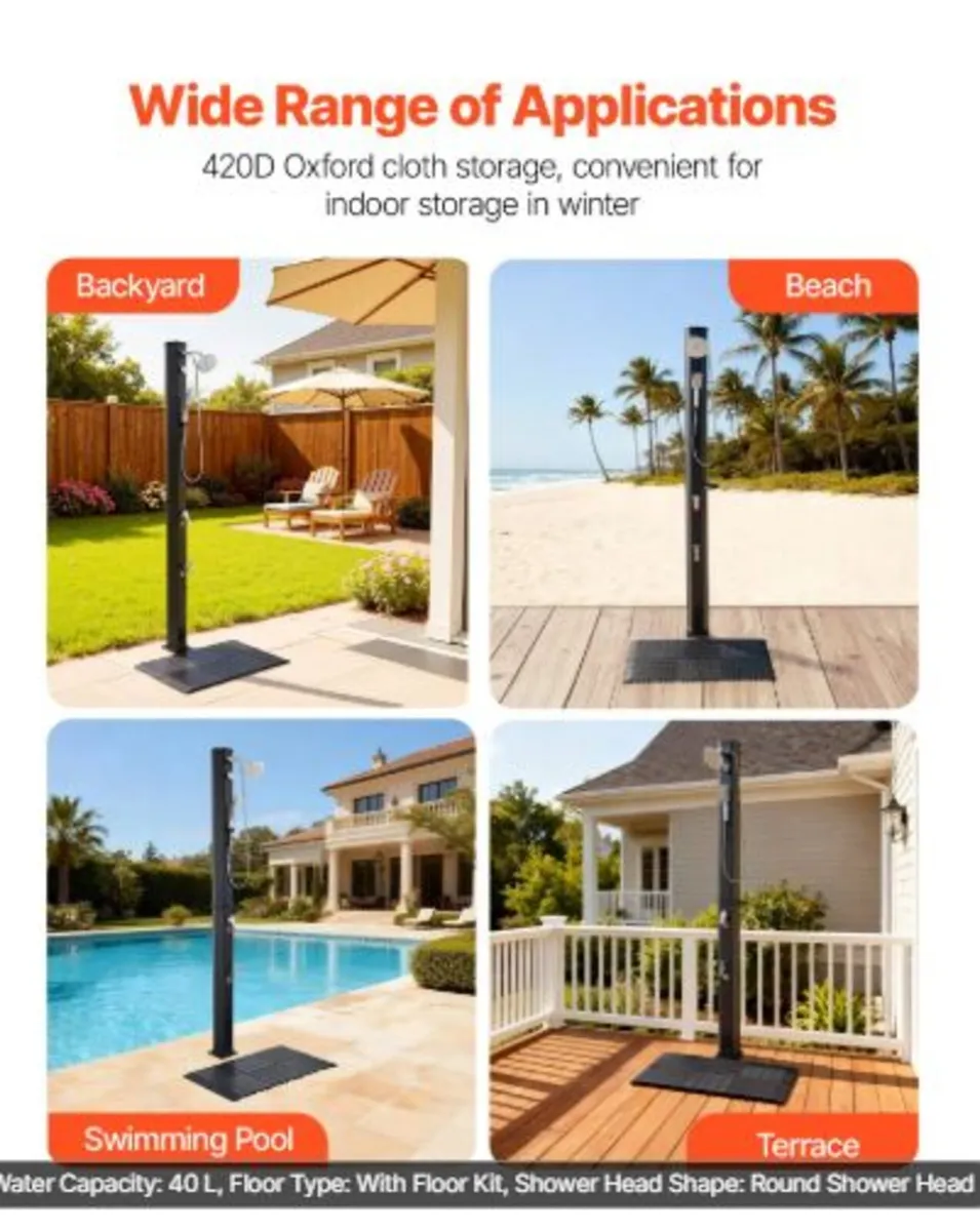 40L Solar Heated Shower, 205cm Showerhead Height - Image 3