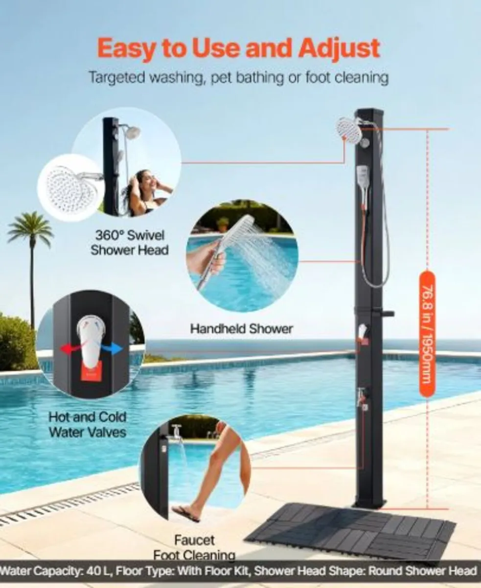 40L Solar Heated Shower, 205cm Showerhead Height - Image 4
