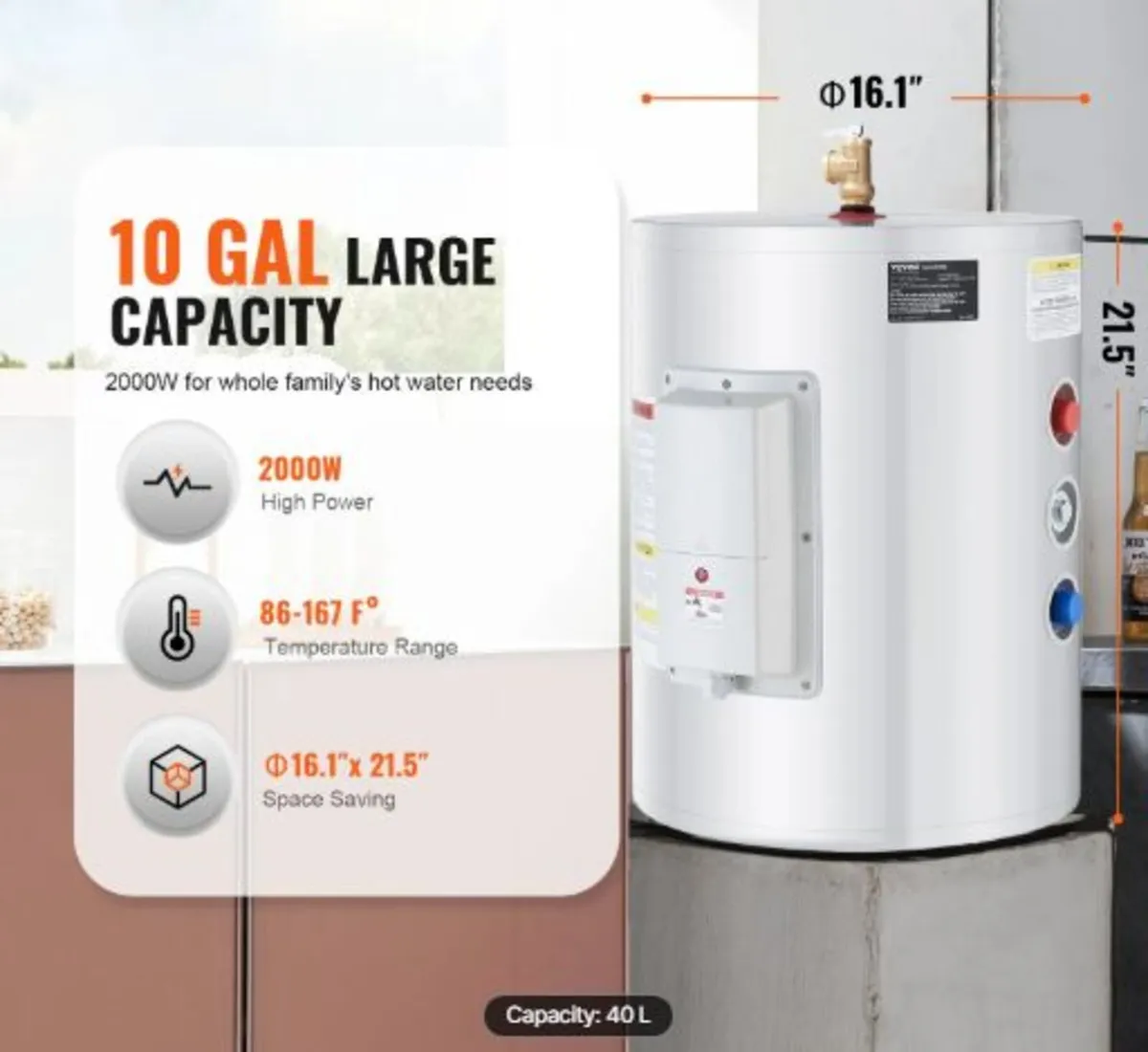 Electric Water Heater, 10 Gallon Tank Instant Hot - Image 2
