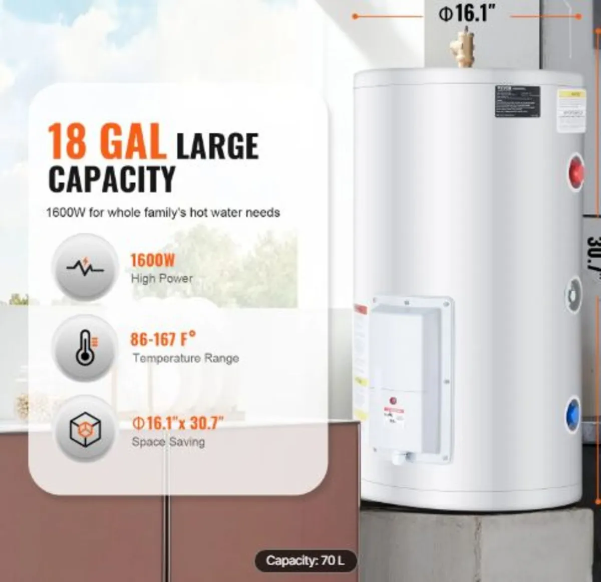 Electric Water Heater, 18 Gallon Tank Instant Hot - Image 2