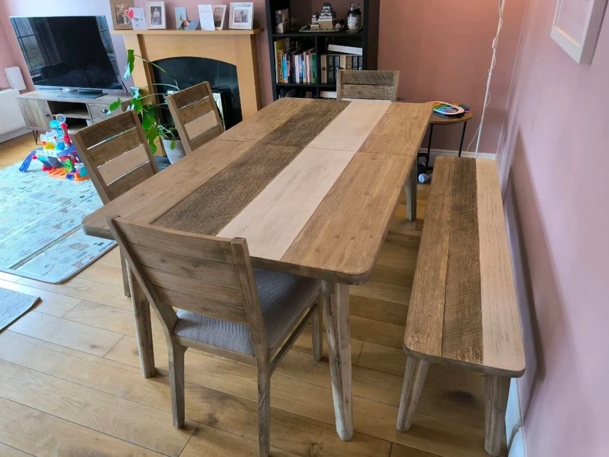 Extendable Dining Table, 4 Dining Chairs, Bench - Image 1