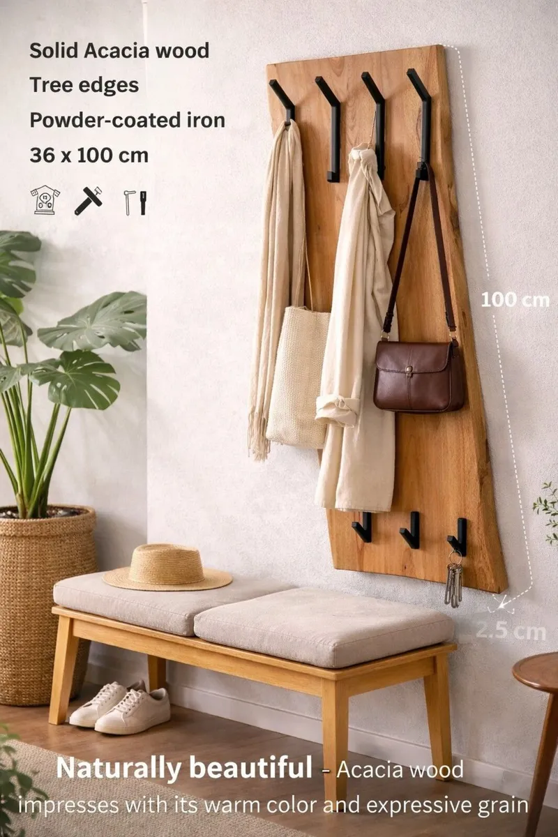 Wall Coat Rack Acacia Solid Wood - Image 2