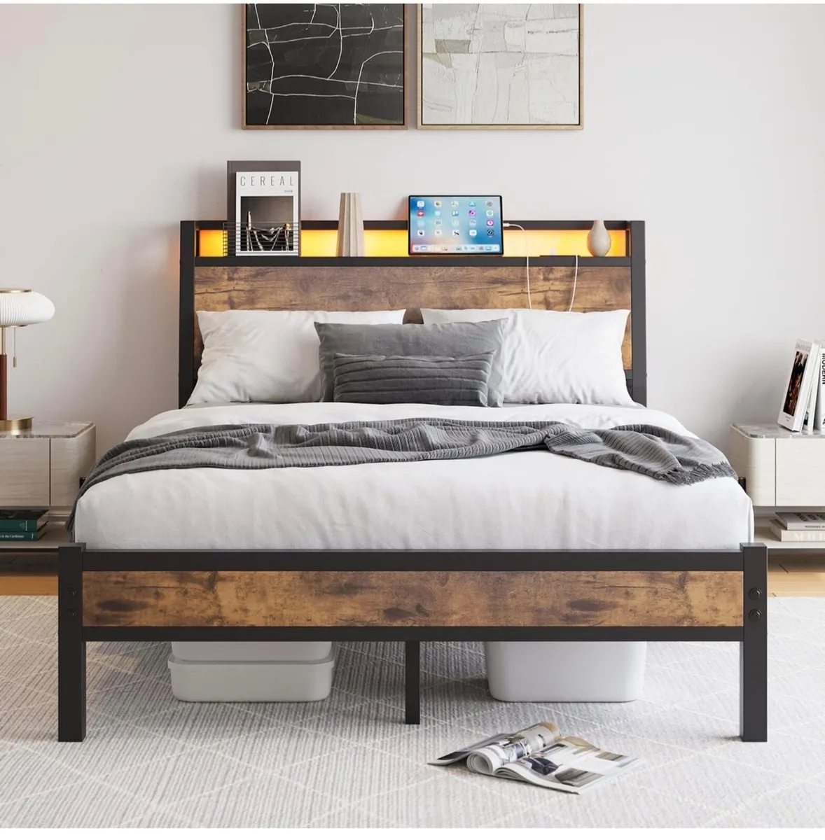 Double Size Bed Frame with Charging Station and LE - Image 1