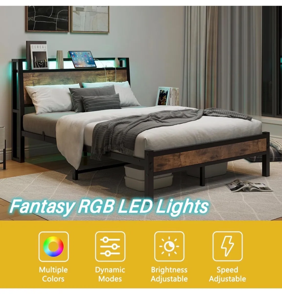 Double Size Bed Frame with Charging Station and LE - Image 4