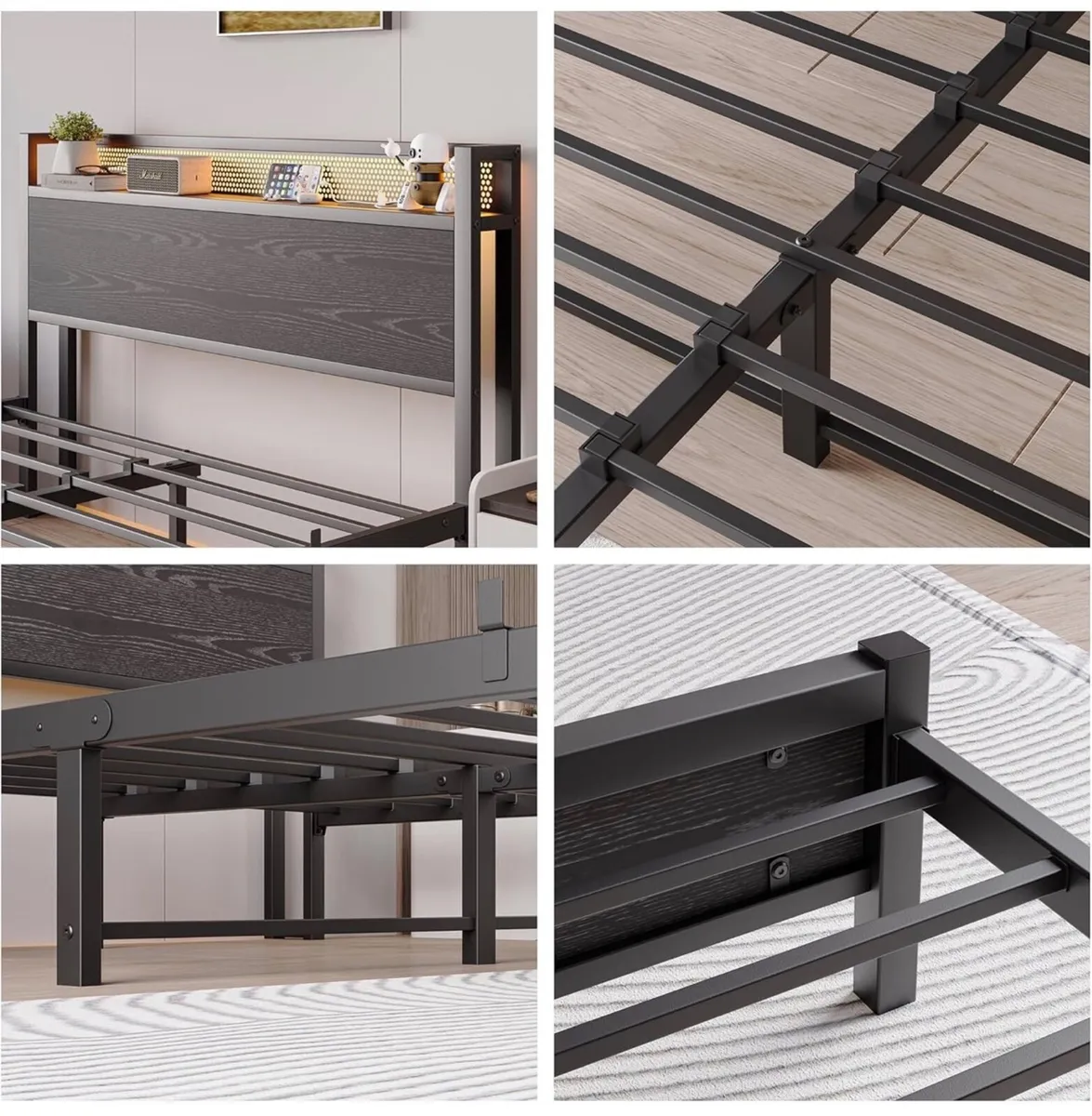 Double Bed Frame with LED Lights Storage Headboard - Image 3