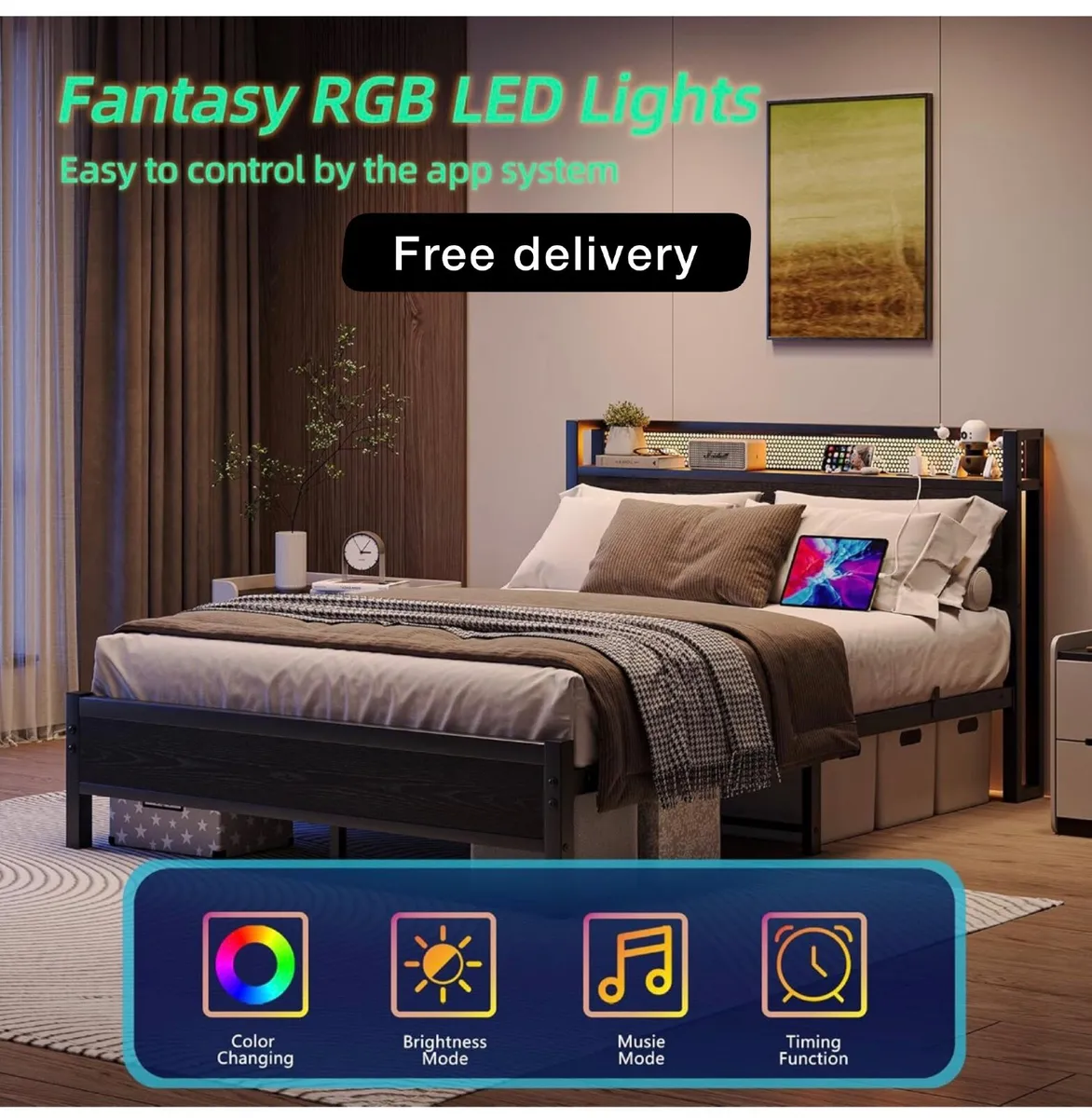 Double Bed Frame with LED Lights Storage Headboard - Image 1