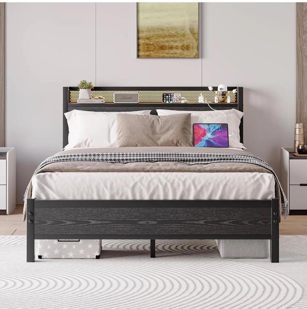 Double Bed Frame with LED Lights Storage Headboard - Image 1