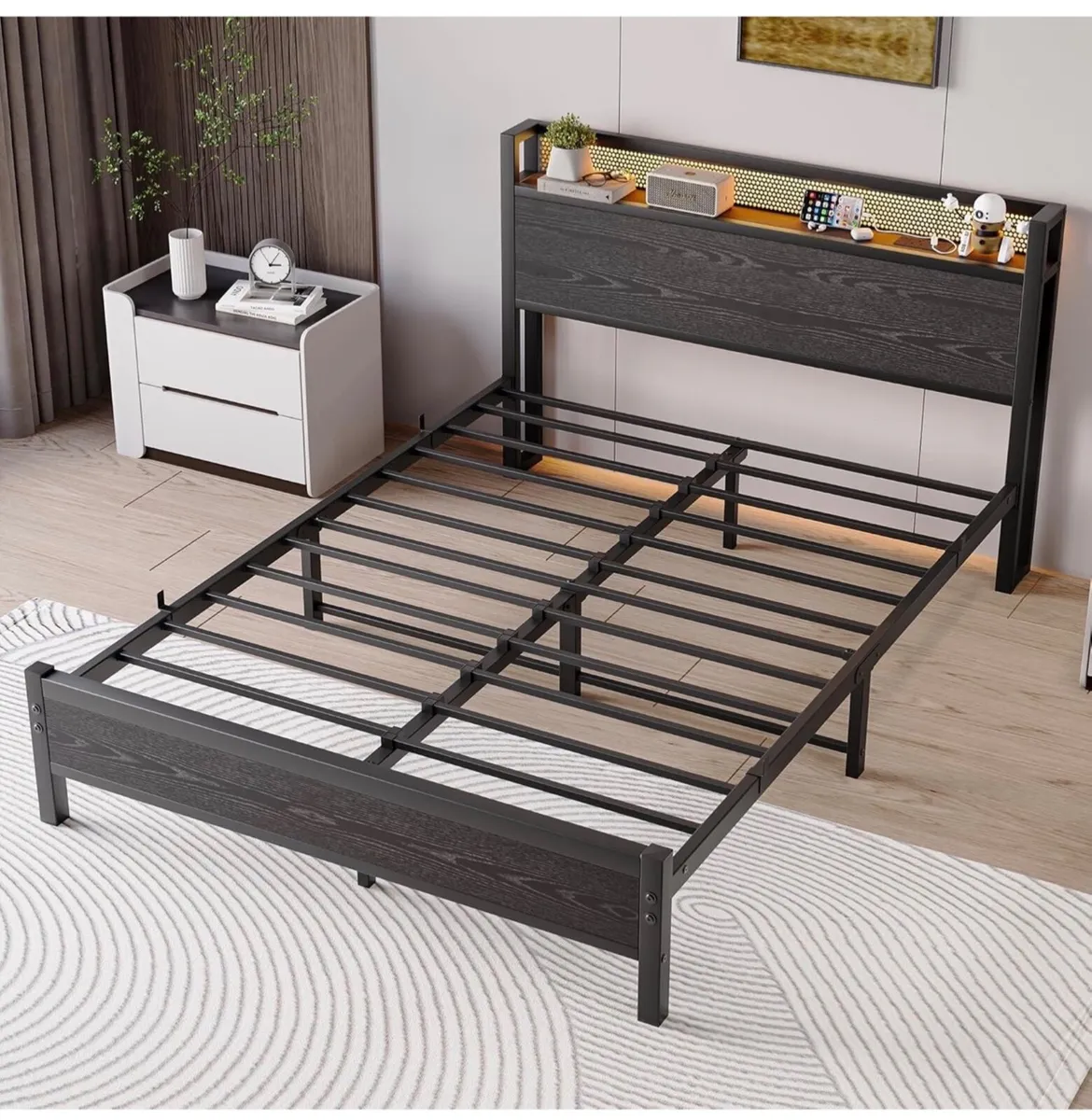 Double Bed Frame with LED Lights Storage Headboard - Image 2