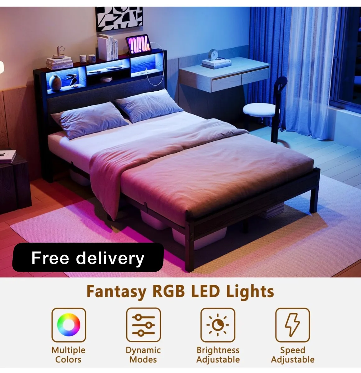 Double Bed Frame with Charging Station and LED Lig - Image 1