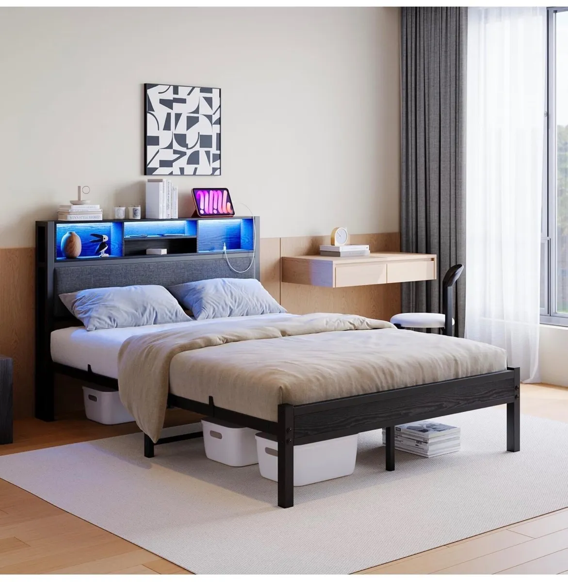 Double Bed Frame with Charging Station and LED Lig - Image 2