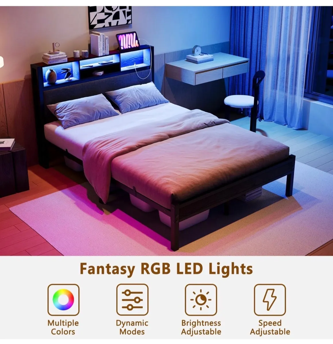 Double Bed Frame with Charging Station and LED Lig - Image 4