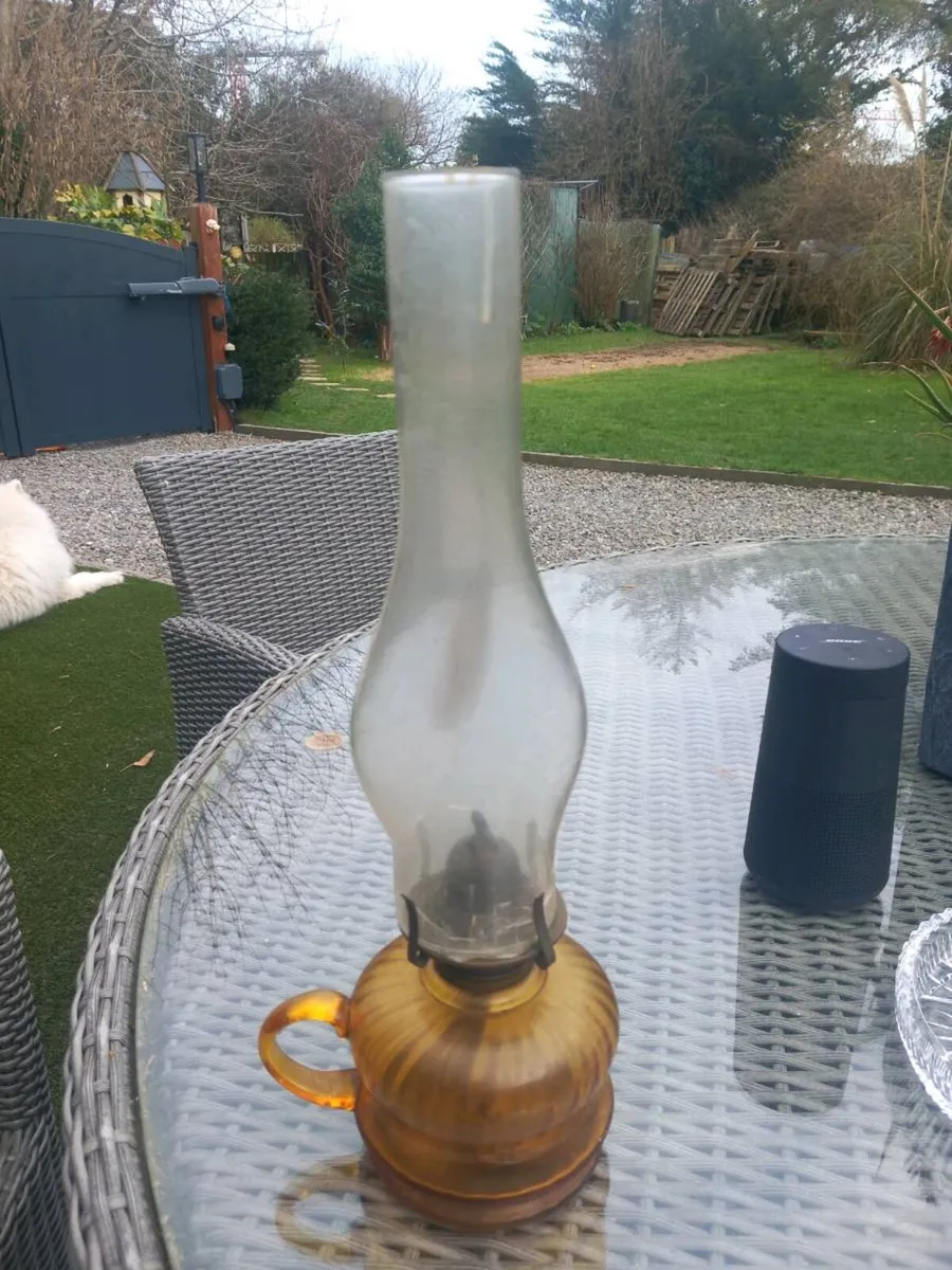 Antique amber glass oil lamp w/ handle, D18 - Image 3