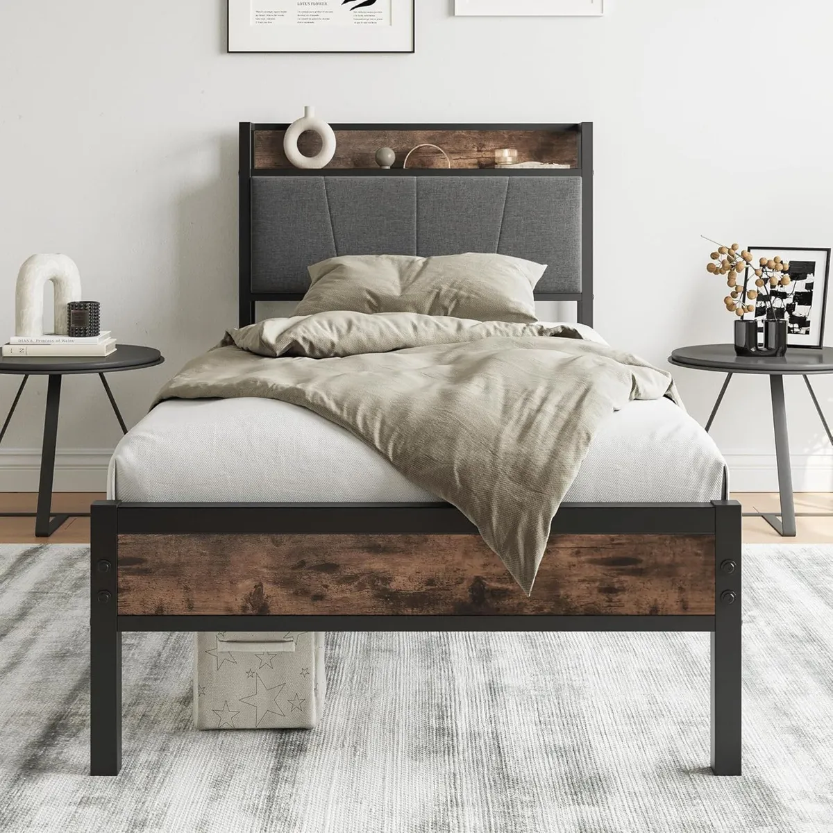 3ft Single Bed Frame with Storage Headboard Heavy - Image 1