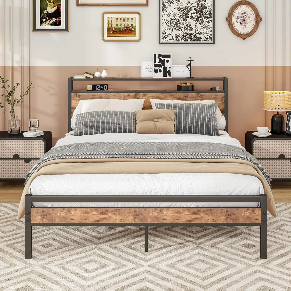 King Size Bed Frame with Storage Wooden Headboard - Image 1