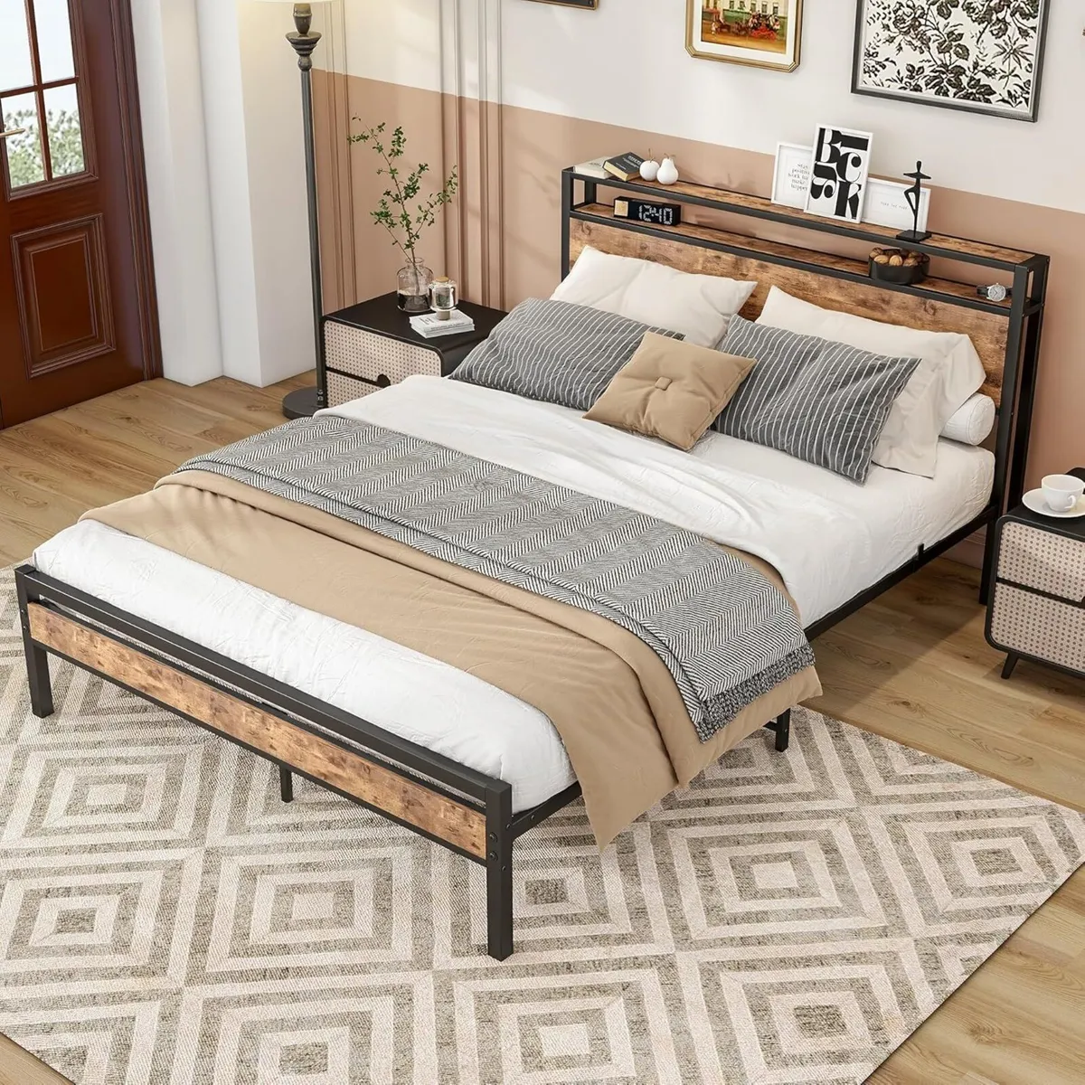 King Size Bed Frame with Storage Wooden Headboard - Image 3
