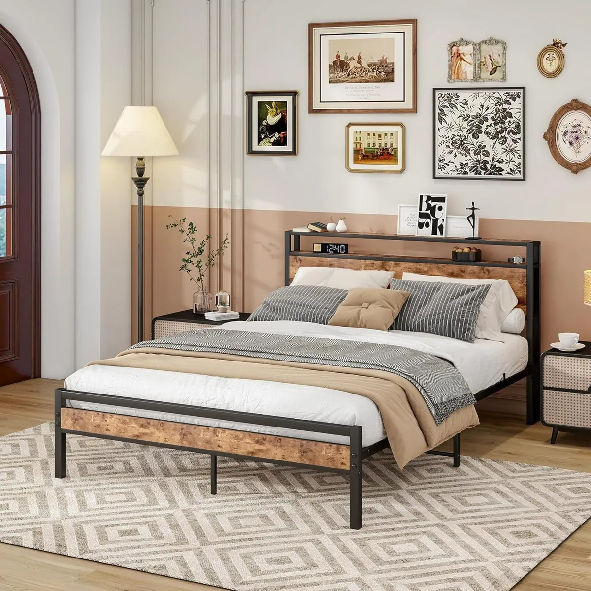King Size Bed Frame with Storage Wooden Headboard - Image 4