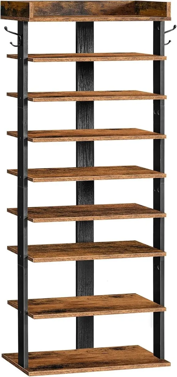 Narrow 9-Tier Tall Shoe Rack Wooden Storage - Image 1