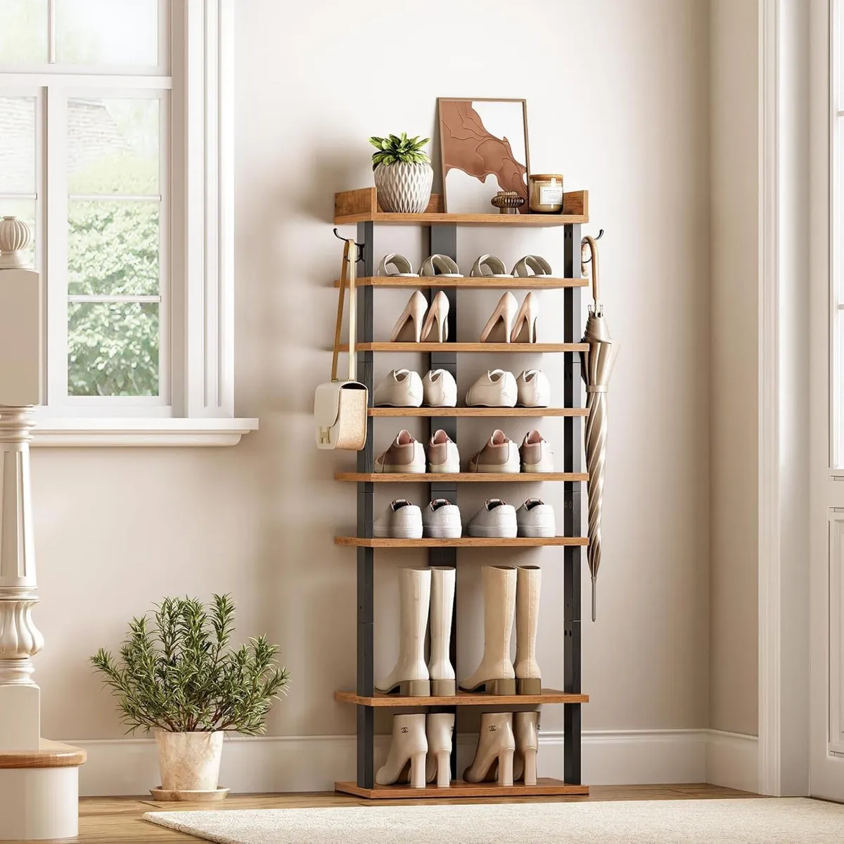 Narrow 9-Tier Tall Shoe Rack Wooden Storage - Image 2