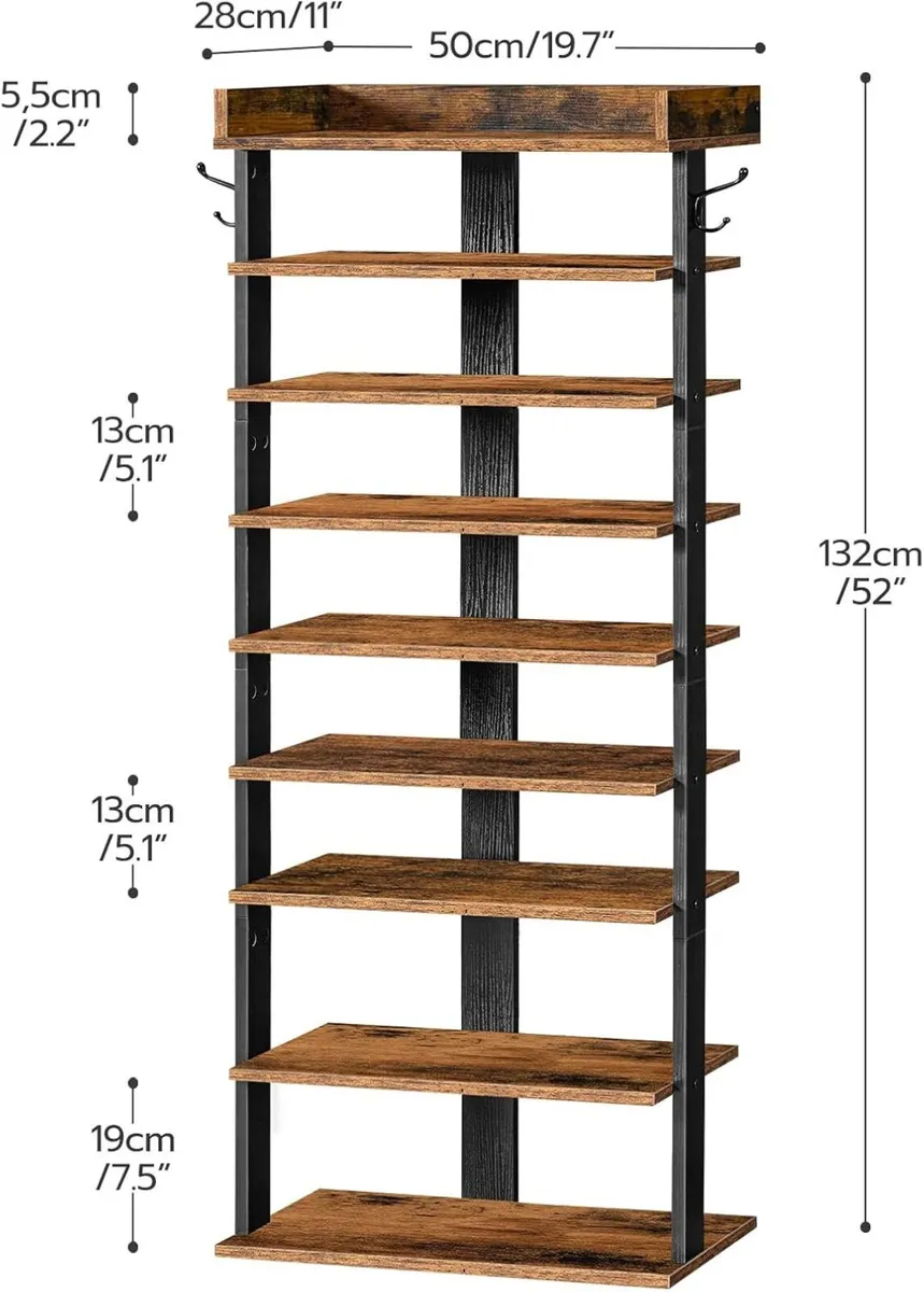 Narrow 9-Tier Tall Shoe Rack Wooden Storage - Image 3